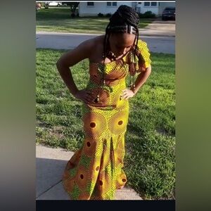 Vibrant Yellow and Green One-Shoulder African Dress
